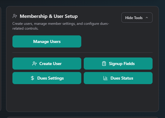 Screenshot: Membership & User Setup card open, showing all its buttons