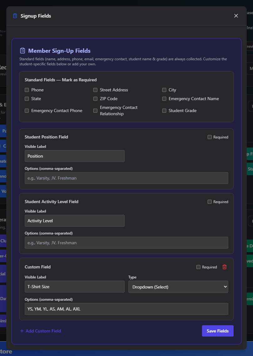 Screenshot: Signup Fields form with standard-field checkboxes and custom field definitions